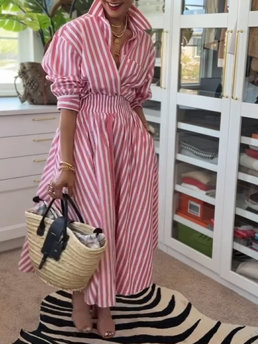 Casual &amp; Comfortable Striped Linen-cotton Shirt And A-line Skirt Two-piece Set