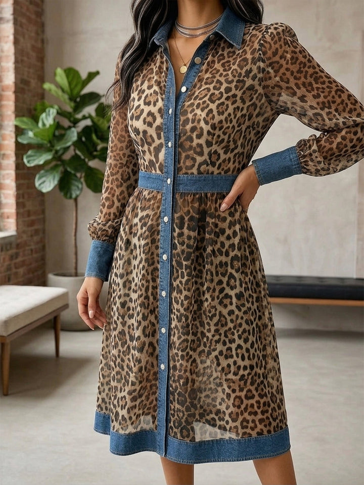Stylish Casual Leopard-print Chiffon And Denim Patchwork Dress