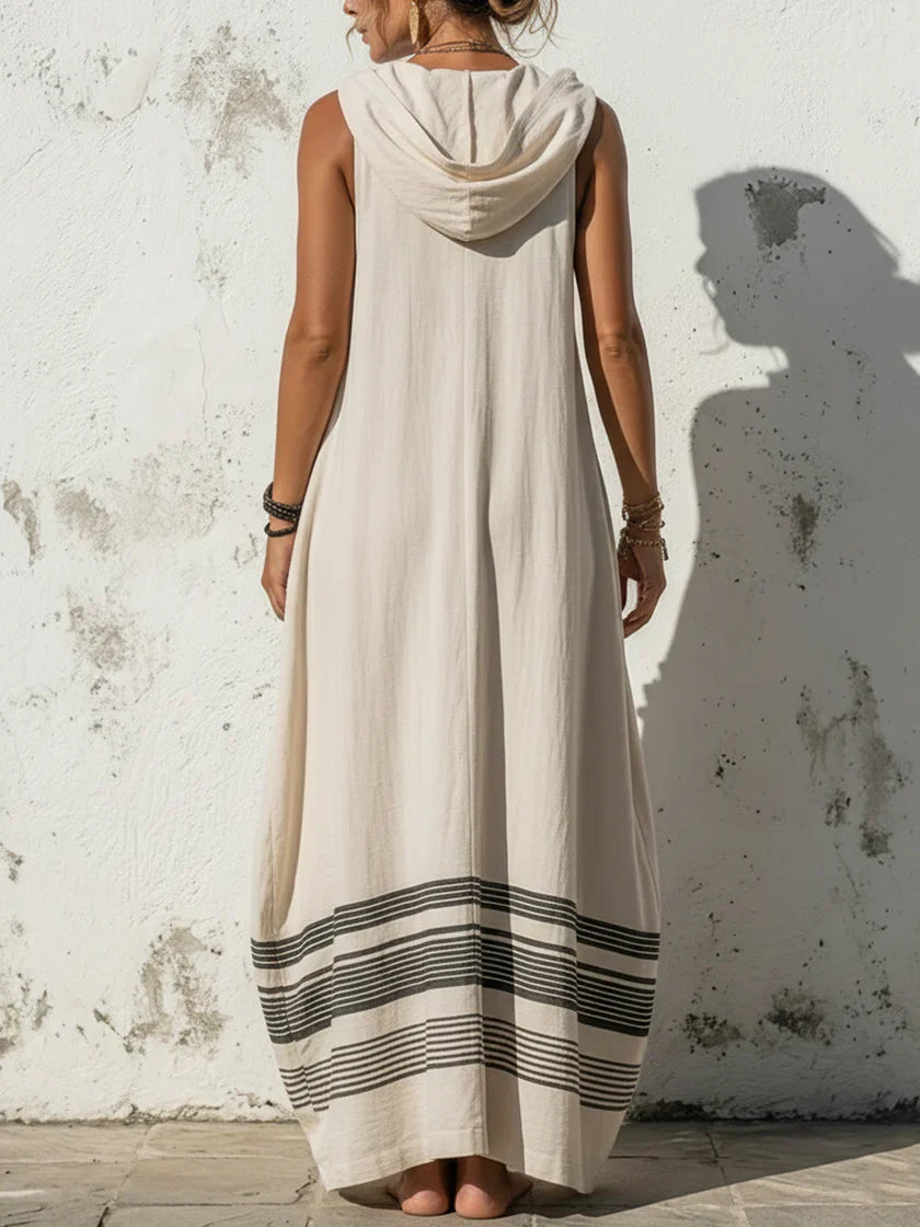 Loose-fit Casual Linen And Cotton Sleeveless Hooded Dress