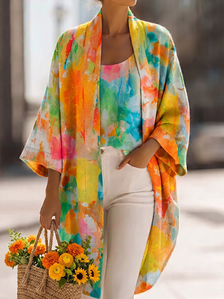Artistic Watercolor Print Cotton-linen Cardigan &amp; Vest Two-piece Set