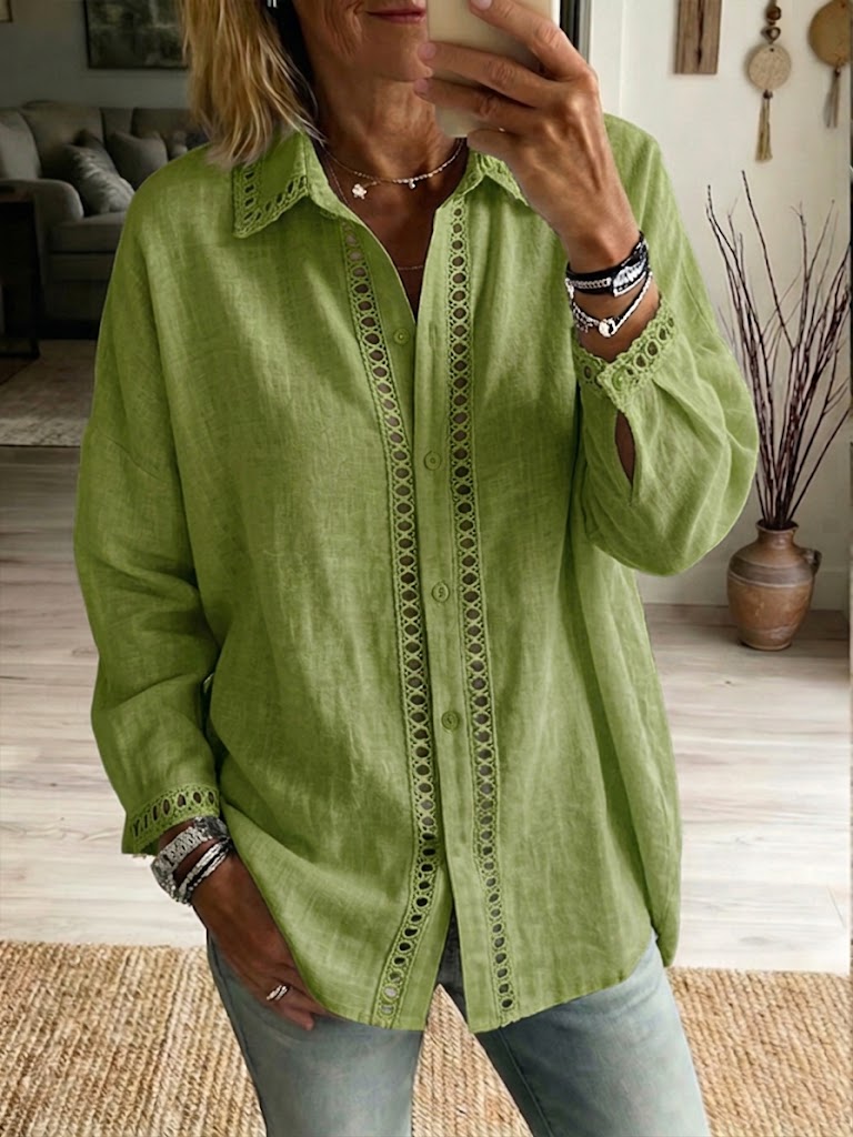 Elena™ | Linen-Cotton Blouse with Elegant Lace Details