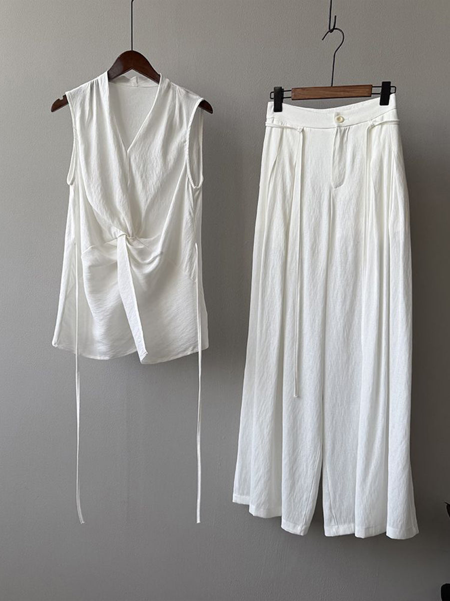 Casual Two-piece Set: Floral-print Linen &amp; Cotton Top And Solid-color Trousers