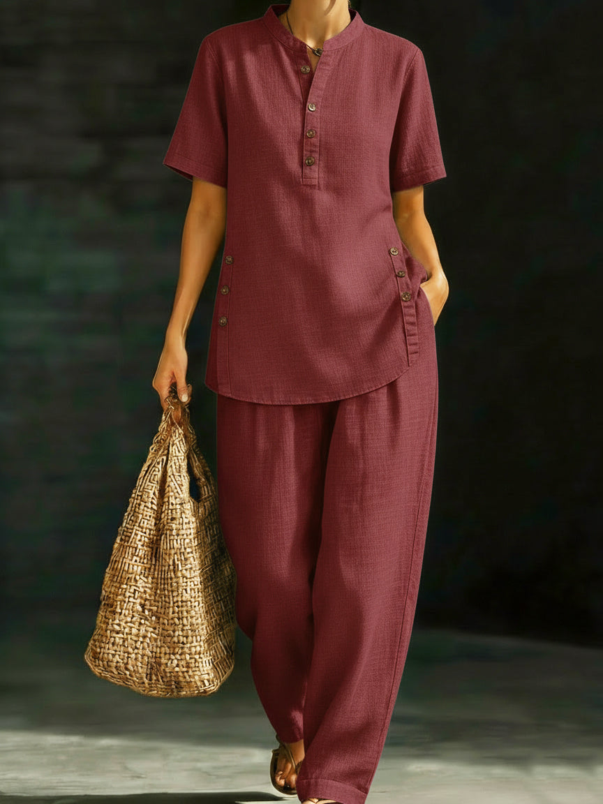 Cozy Casual Button Shirt And Wide-leg Pants Linen Two-piece Set