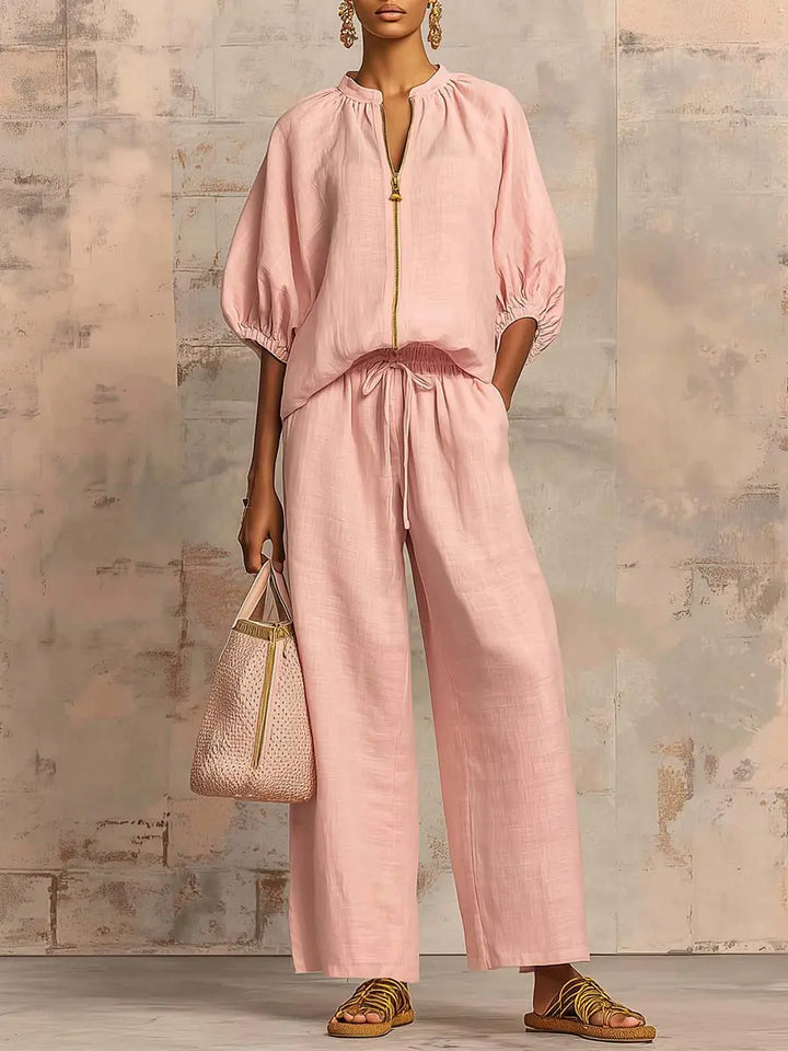 Stylish Cozy Shirt &amp;amp; Wide-Leg Pants Linen Cotton Two-Piece Set