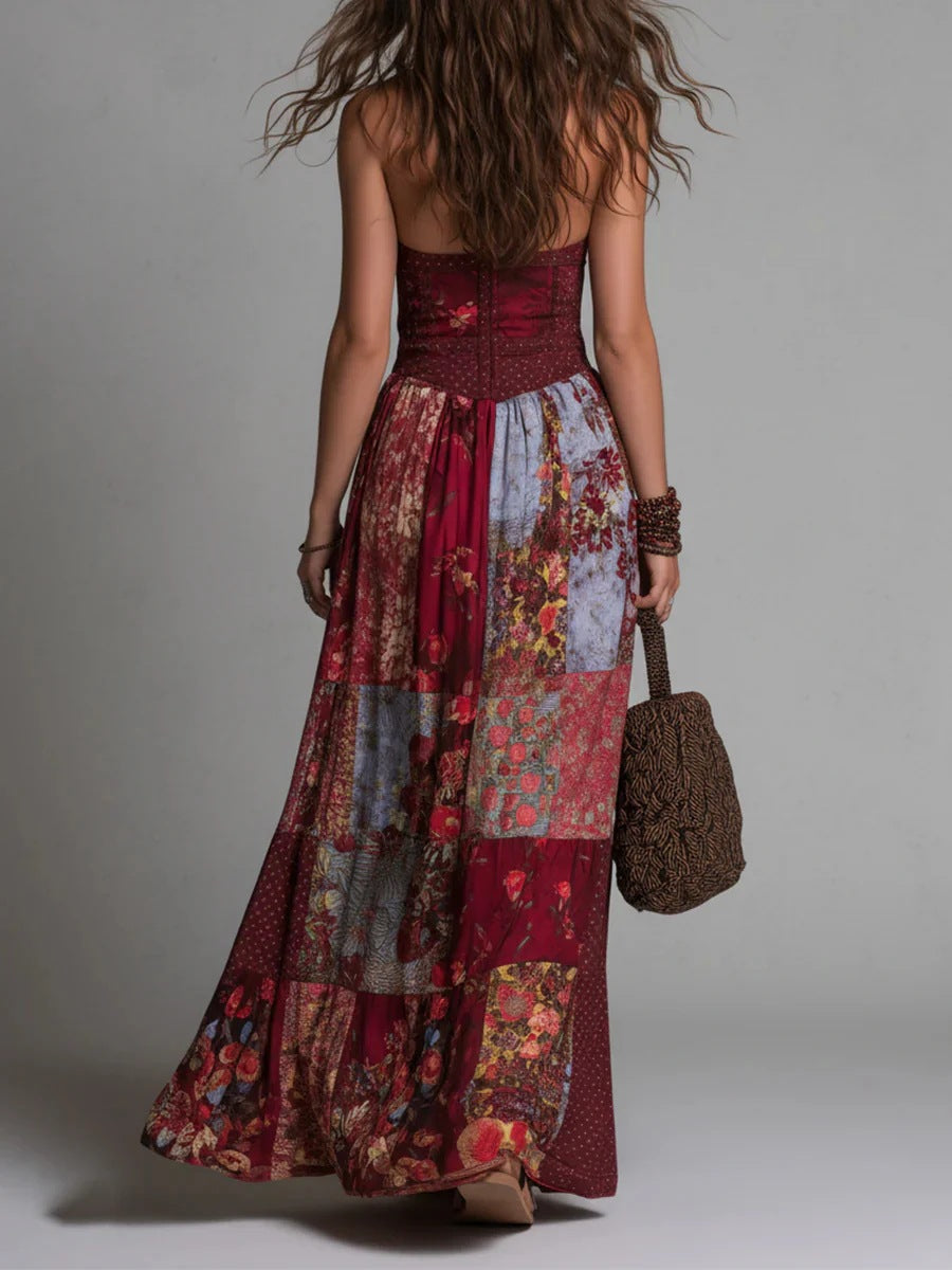 Vintage V-neck Patchwork Print Linen &amp; Cotton Maxi Dress