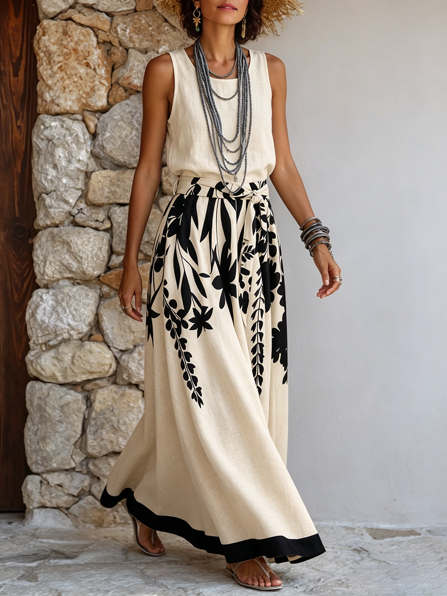 Artistic Floral &amp; Leaf Print Cotton-linen Two-piece Set (skirt &amp; Top)