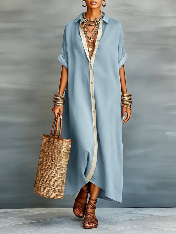Women’s Linen &amp; Cotton Shirt Dress – Casual Loose Fit Summer Midi Dress