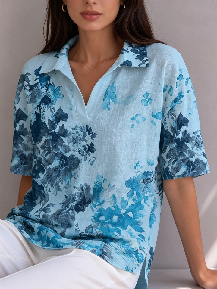 Artistic Watercolor-effect Floral Print Polo Collar Cotton-linen Shirt Top