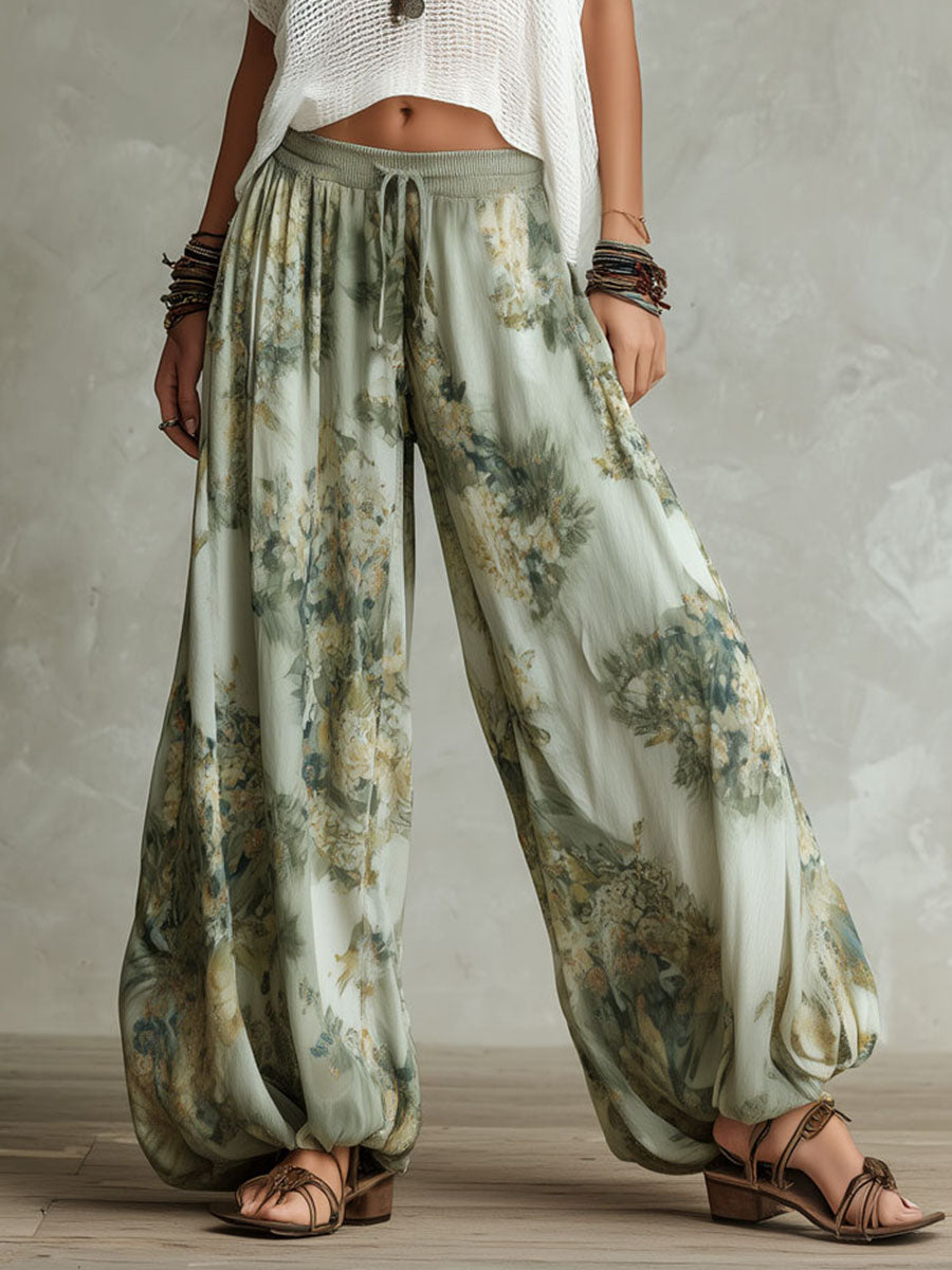 White Crochet Knit Crop Top &amp; Light Green Ink Floral Print Elastic Waist Lantern Pants Set