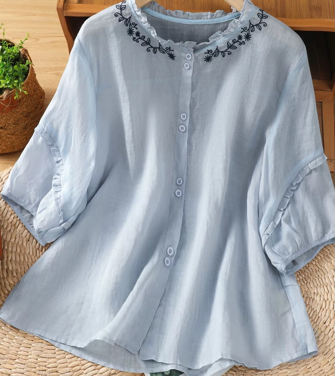 Cotton-linen Shirt With Ruffled Trim, Embroidery, Stand Collar, And Half Sleeves