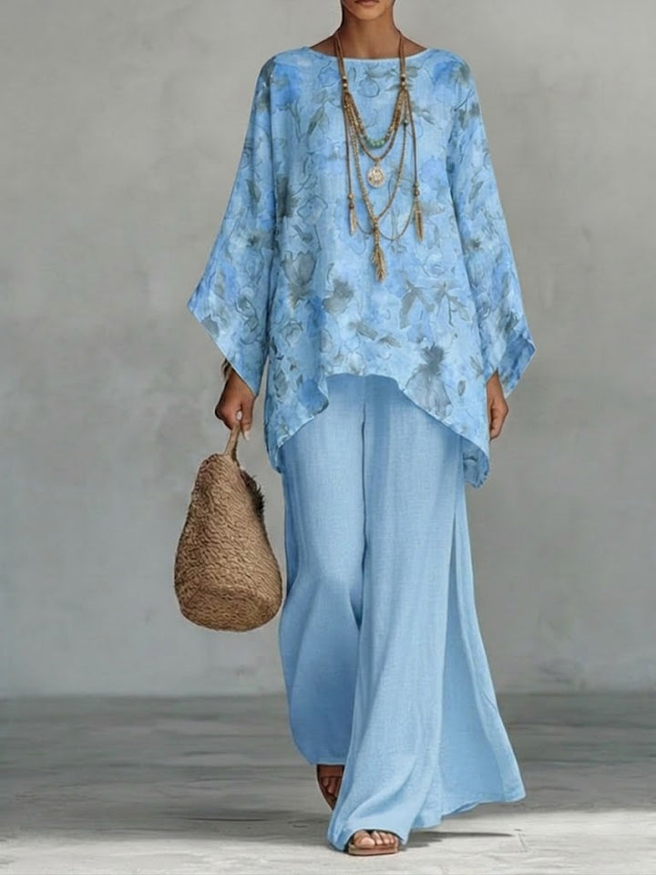 Casual Two-piece Set: Floral-print Linen &amp; Cotton Top And Solid-color Trousers