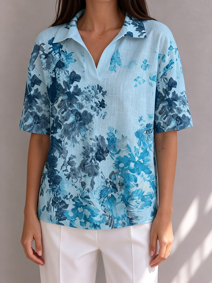 Artistic Watercolor-effect Floral Print Polo Collar Cotton-linen Shirt Top