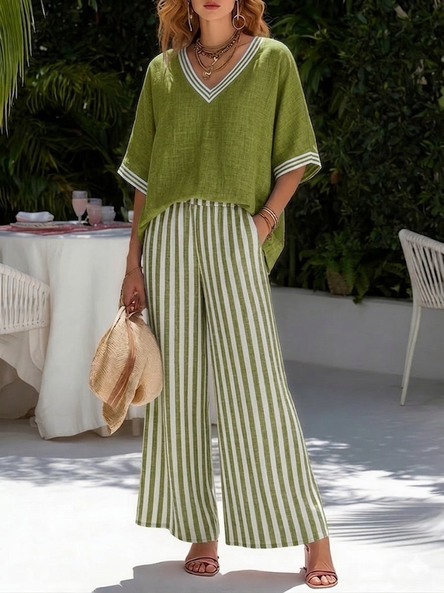 Casual Two-piece Set: Striped Linen &amp; Cotton Patchwork Top And Striped Trousers— Look Put Together in 5 Seconds
