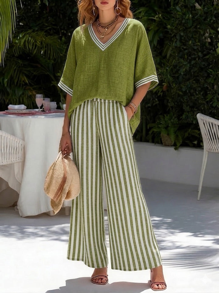 Casual Two-piece Set: Striped Linen &amp; Cotton Patchwork Top And Striped Trousers— Look Put Together in 5 Seconds