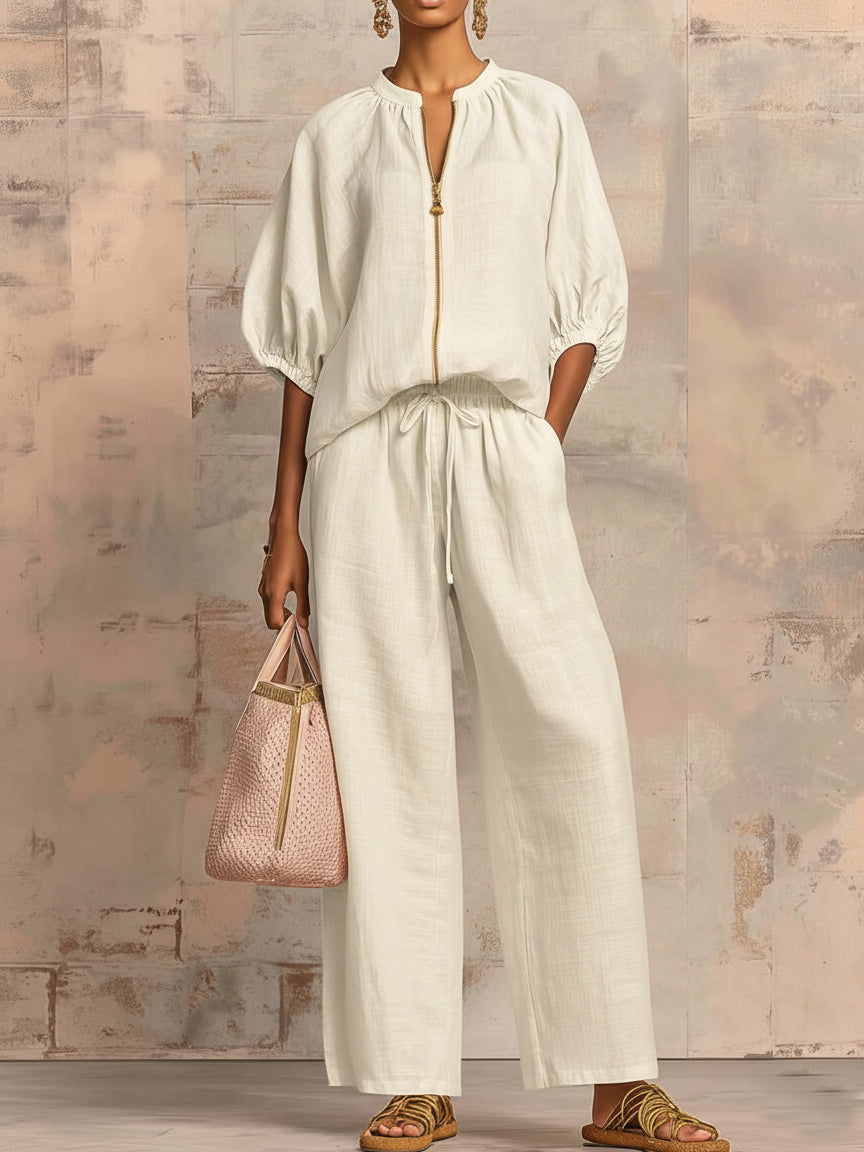 Stylish Cozy Shirt &amp;amp; Wide-Leg Pants Linen Cotton Two-Piece Set