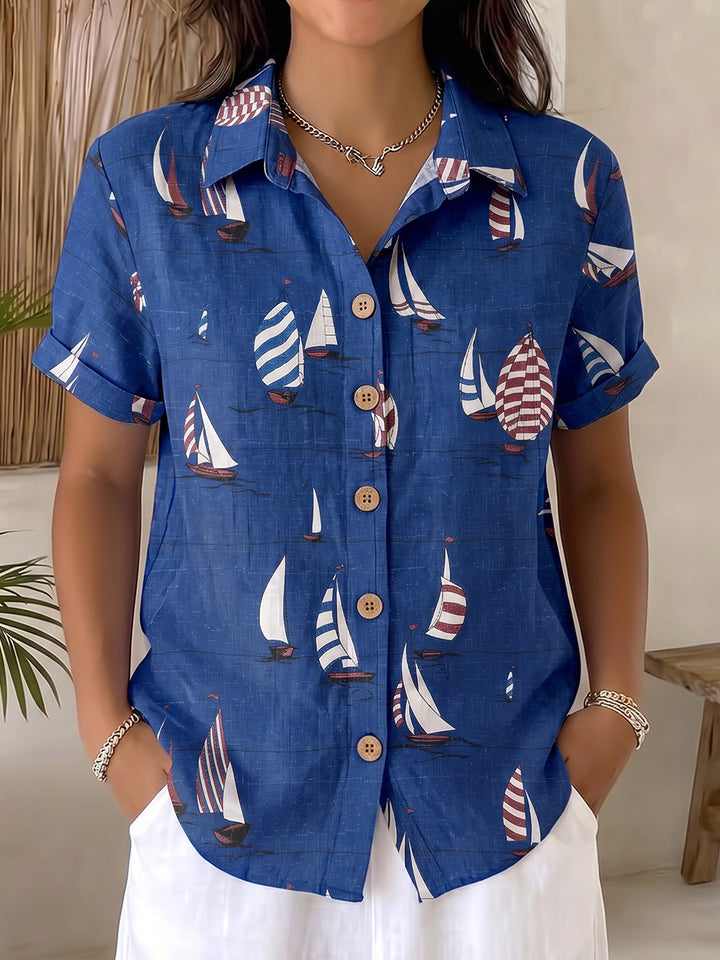 " Sailing Day ” Sailboat-print Cotton-linen Shirt