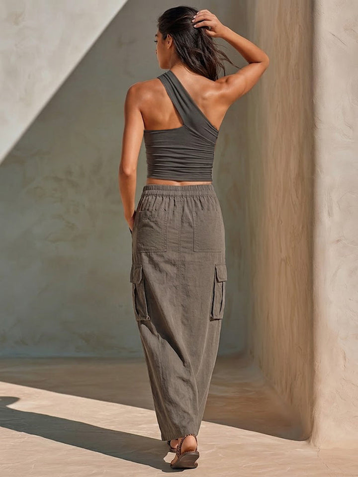 Casual Off-shoulder Stretch Cotton Top &amp; Cotton Skirt Two-piece Set