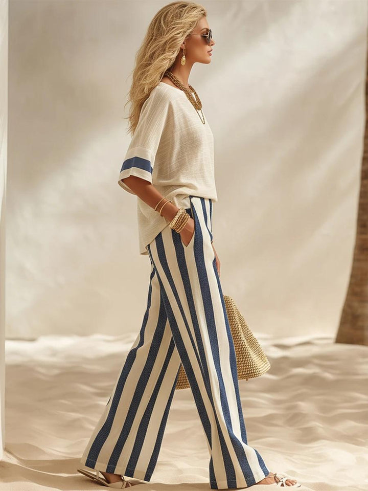 Beige Textured Cotton-linen Color-block Top &amp; Blue-white Striped Elastic Waist Wide-leg Pants Set
