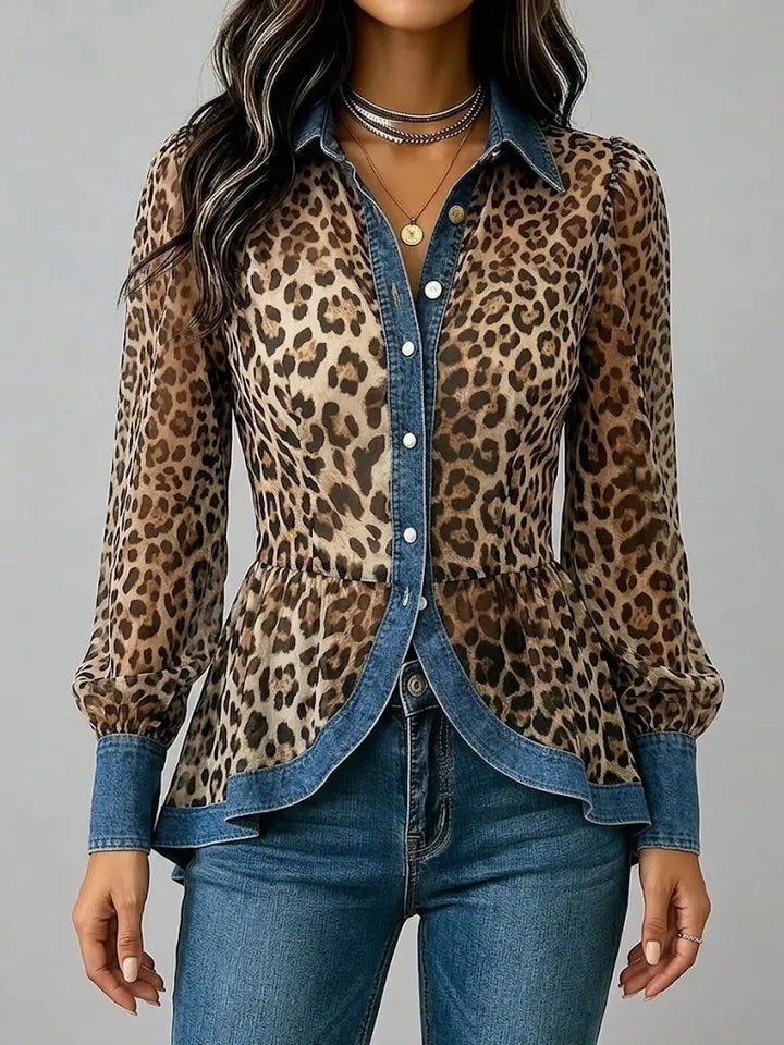 Casual &amp; Stylish Spliced denim And Leopard Print Shirt
