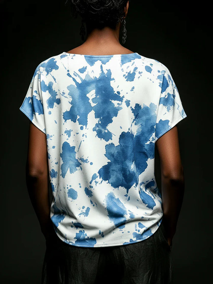 Casual &amp; Cozy Cotton Top With Artistic Print And Cowl Neck