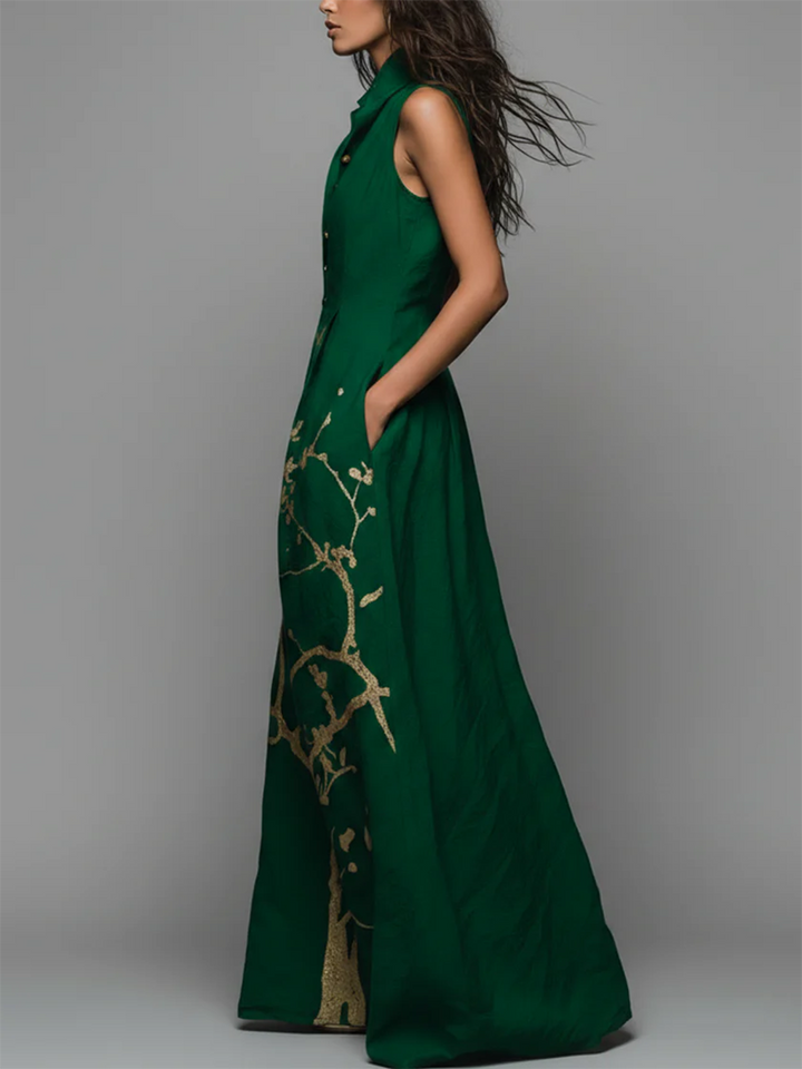 Elegant Emerald Green Cotton-linen Maxi Dress With Gold Print