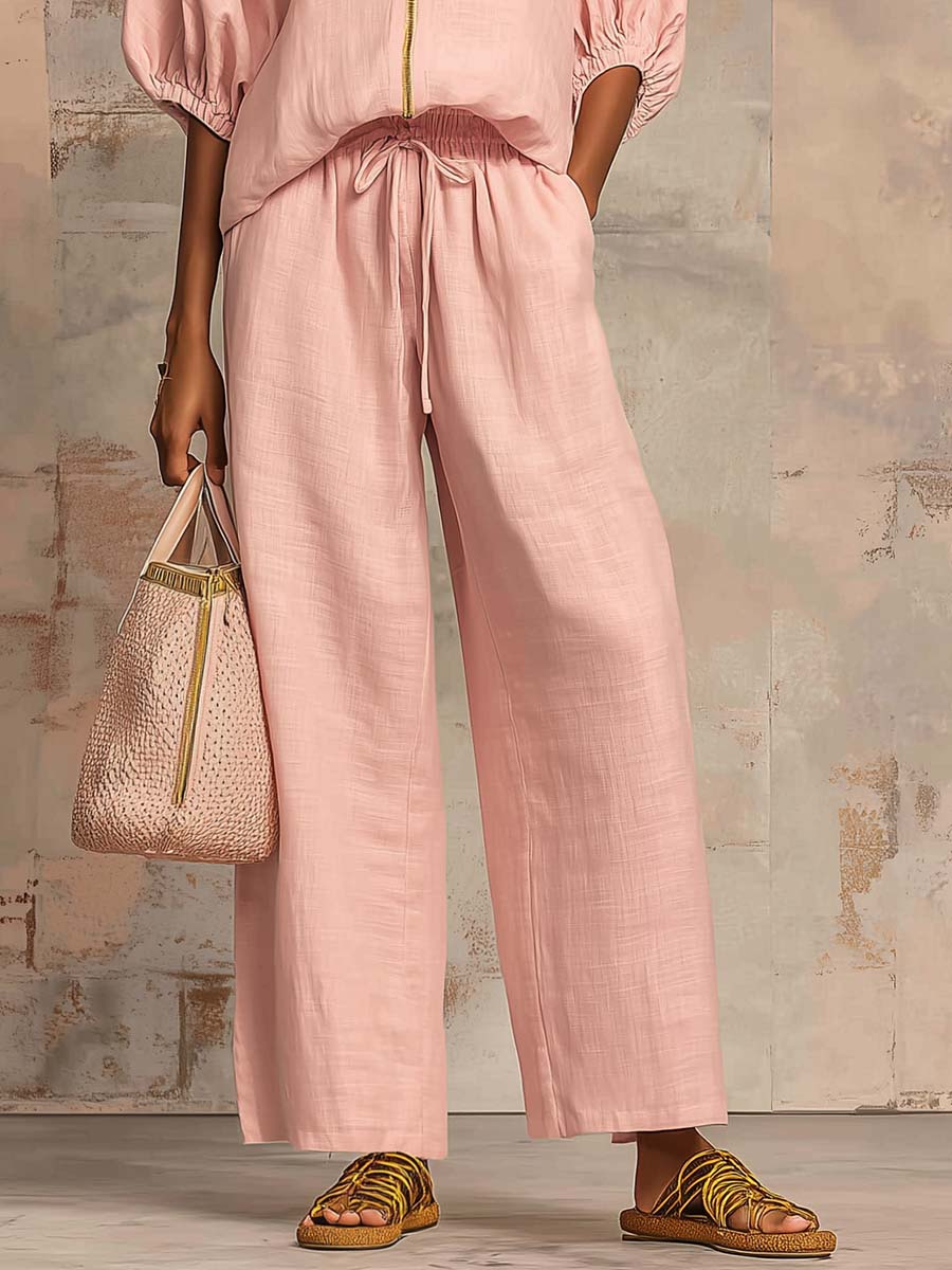 Stylish Cozy Shirt &amp;amp; Wide-Leg Pants Linen Cotton Two-Piece Set