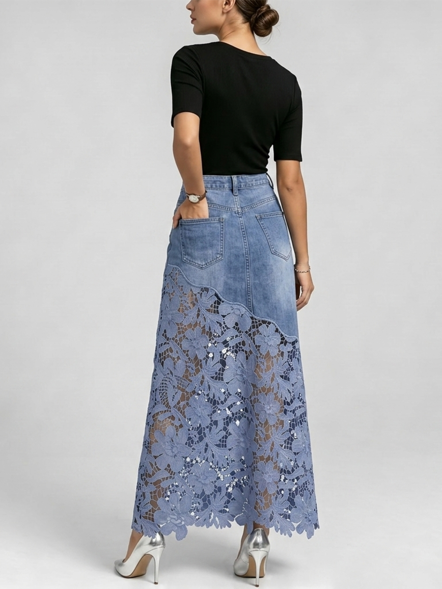 Elegant &amp; Sexy Denim Skirt With Floral Lace Hem
