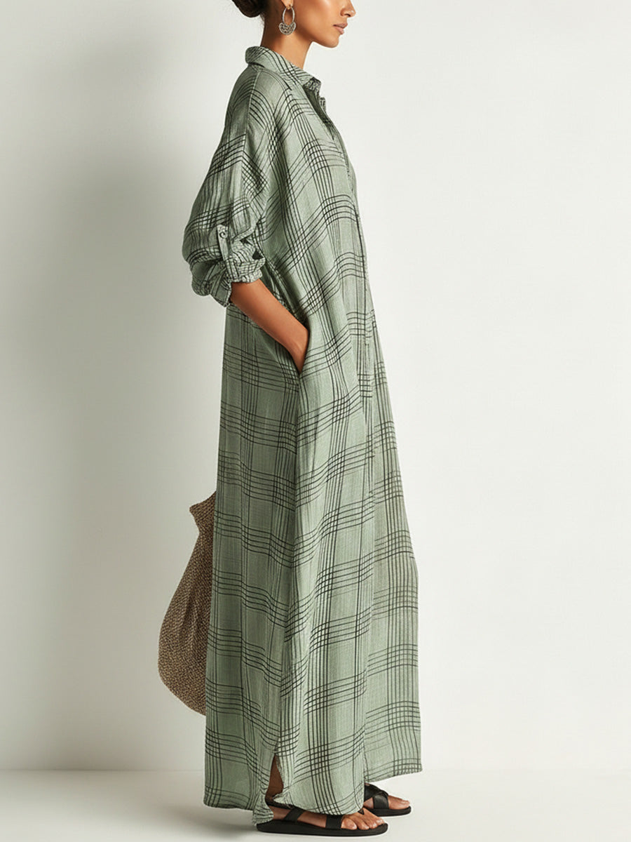 Plaid Pleated Cotton-linen Long Shirt Dress