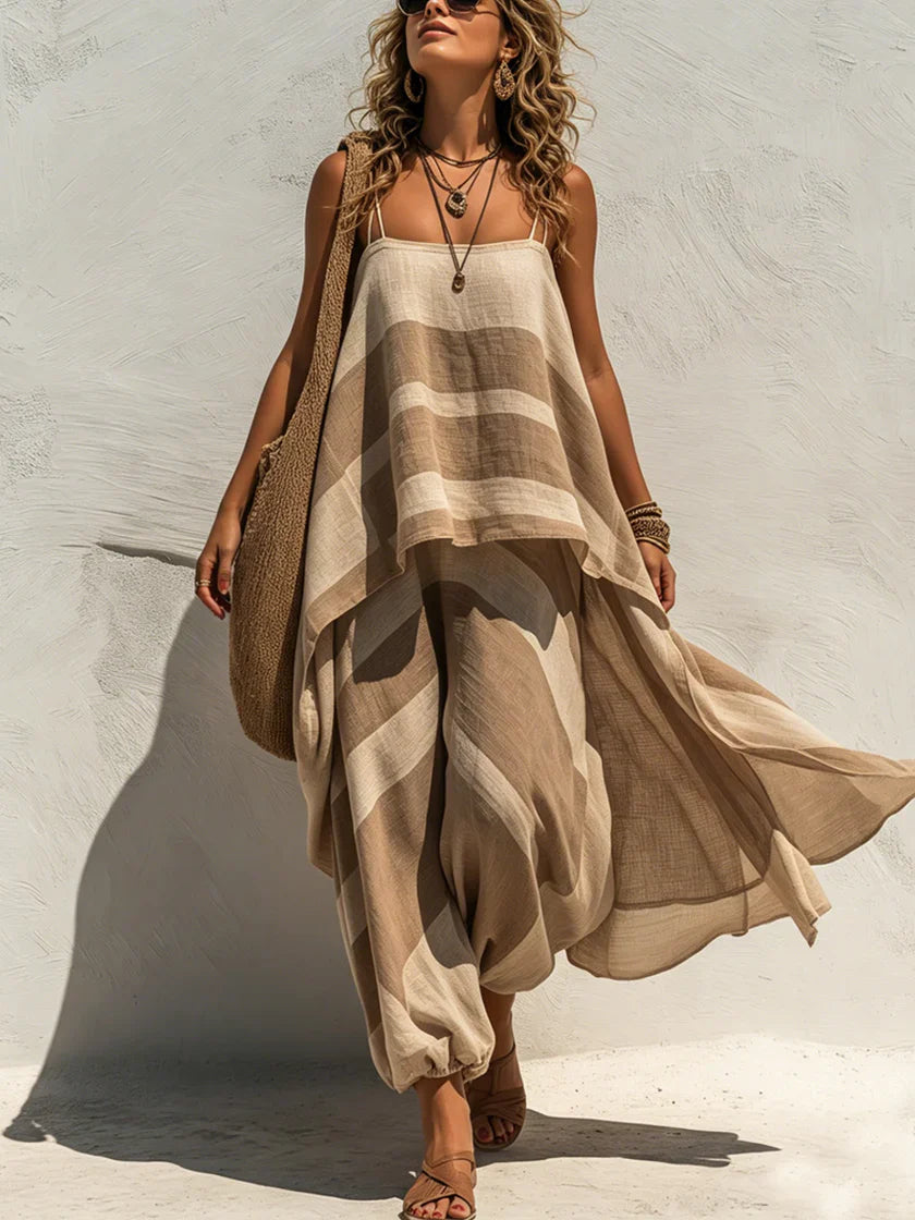 Cozy &amp; Casual Striped Linen-cotton Two-piece Set: Long Spaghetti-strap Top And Lantern Pants