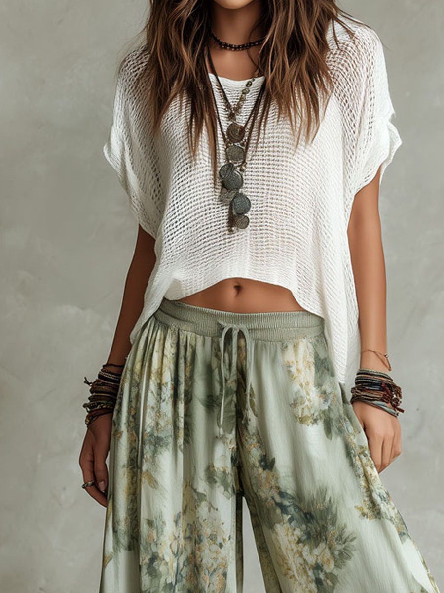 White Crochet Knit Crop Top &amp; Light Green Ink Floral Print Elastic Waist Lantern Pants Set