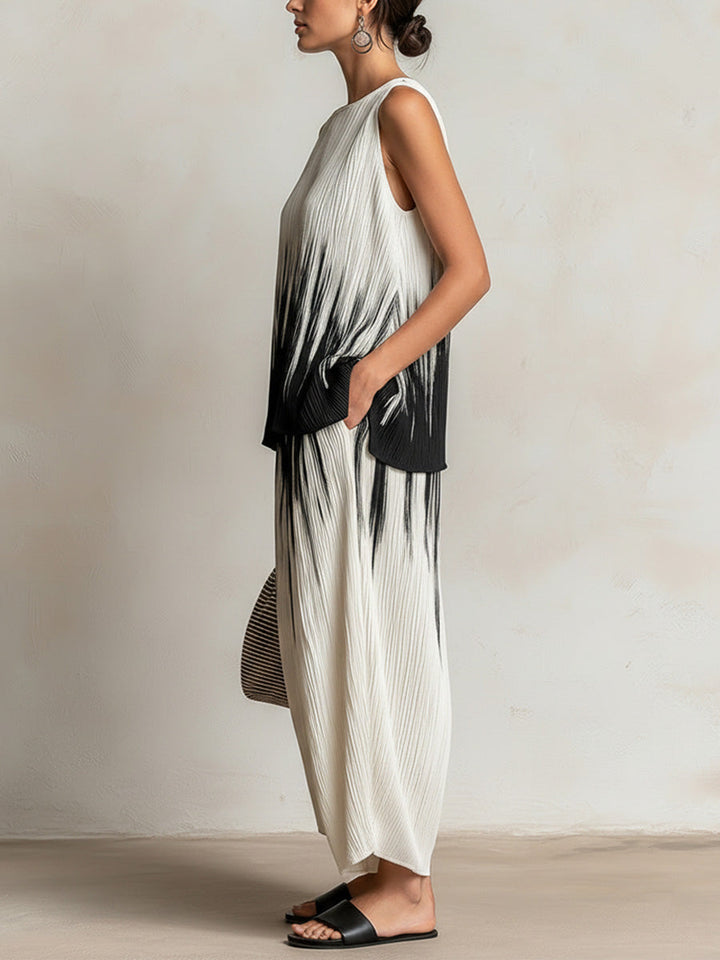 Ombre Pleated Sleeveless Top &amp; Wide-leg Pants Set