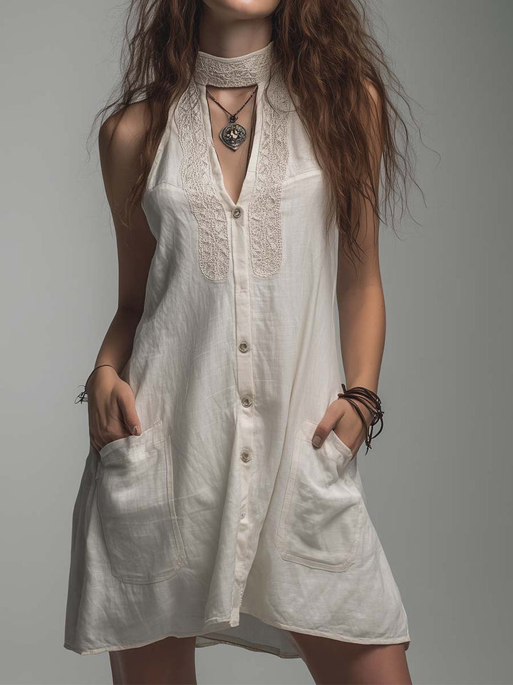 Cotton Lace Trim Halter Neck Sleeveless Shirt Dress