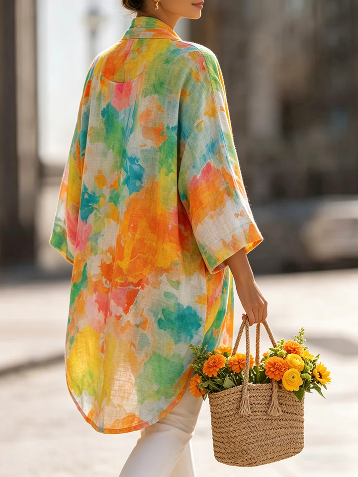 Artistic Watercolor Print Cotton-linen Cardigan &amp; Vest Two-piece Set