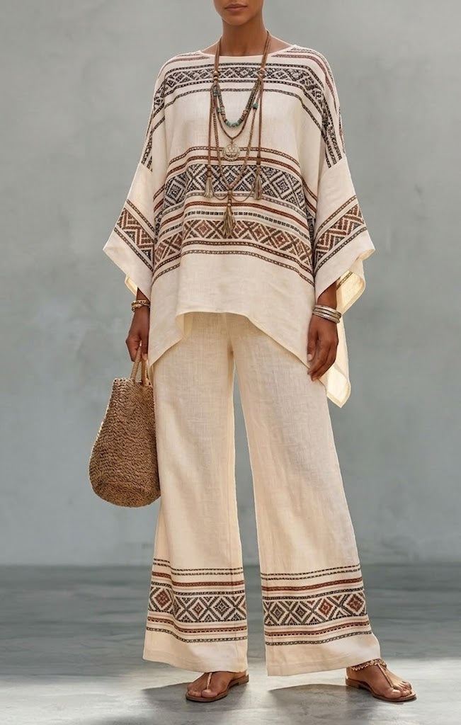Loose-fit, Casual, Ethnic-style Two-piece Set: Geometric-print Linen &amp; Cotton Top And Pants