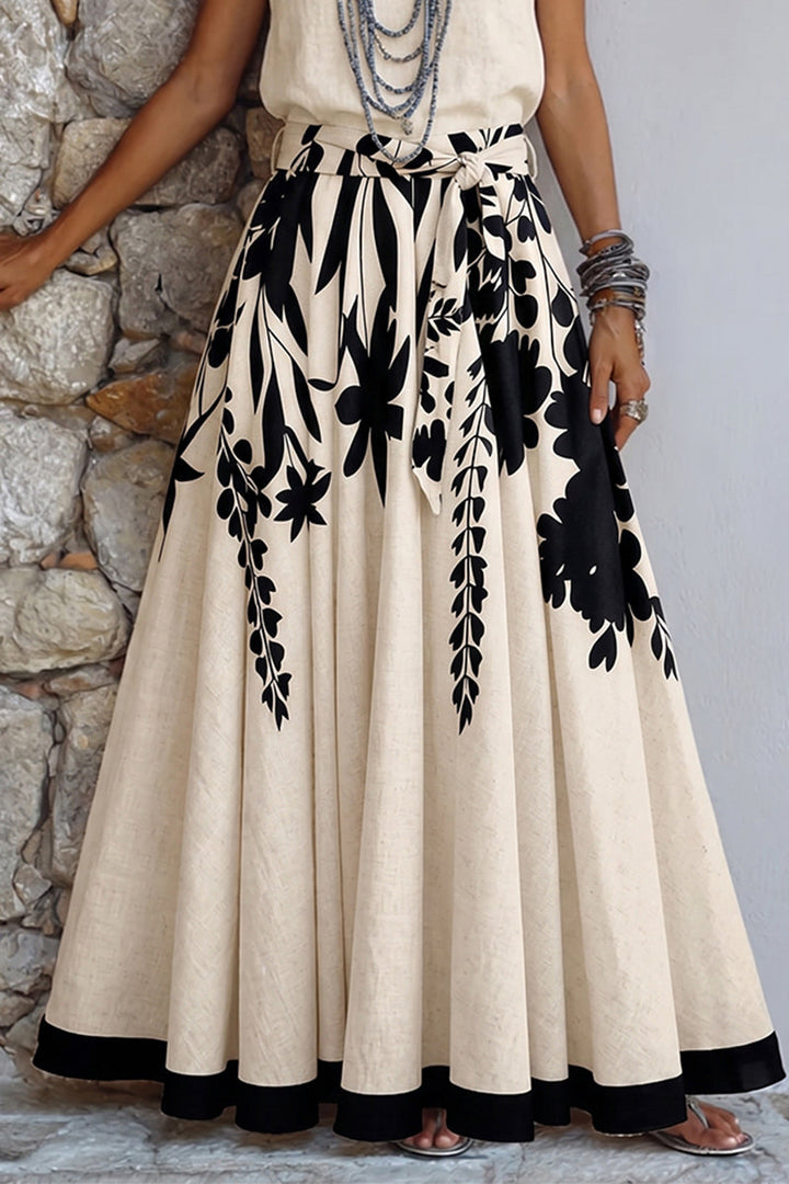 Artistic Floral &amp; Leaf Print Cotton-linen Two-piece Set (skirt &amp; Top)