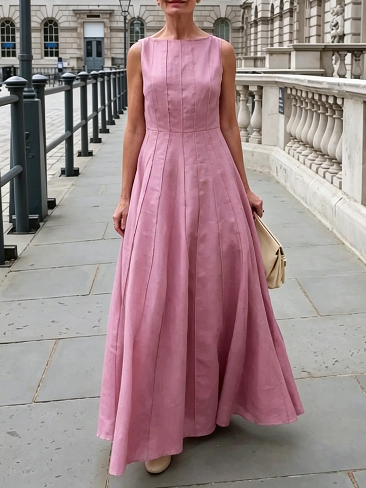 Elegant Boat-neck Pleated Cotton-linen Maxi Dress