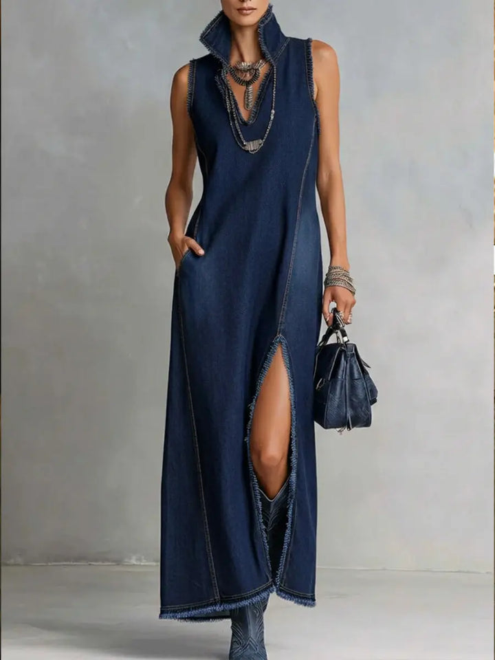 Casual Sleeveless Denim Dress With Slit
