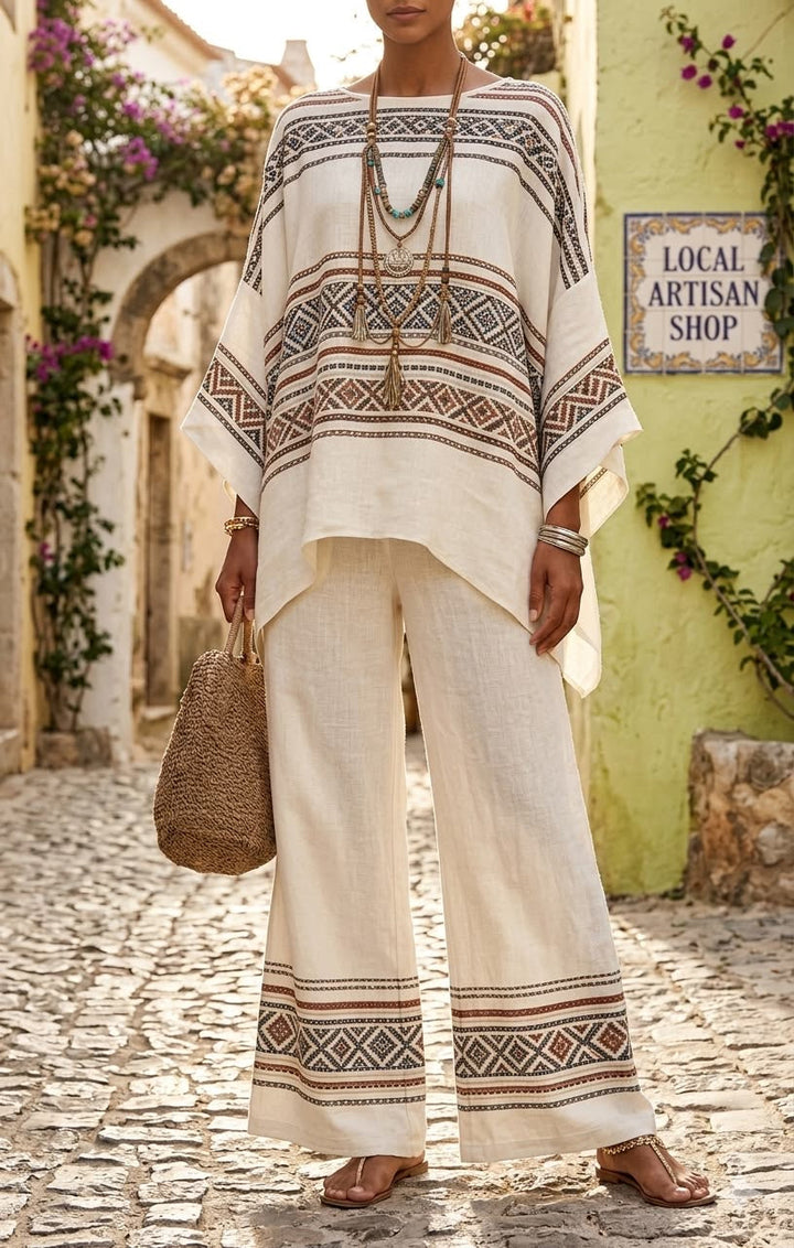 Loose-fit, Casual, Ethnic-style Two-piece Set: Geometric-print Linen &amp; Cotton Top And Pants