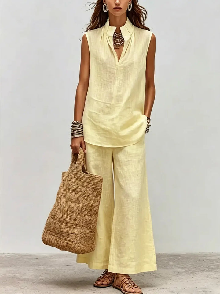 Relaxed-fit Cotton-linen Sleeveless Top And Wide-leg Pants Two-piece Set