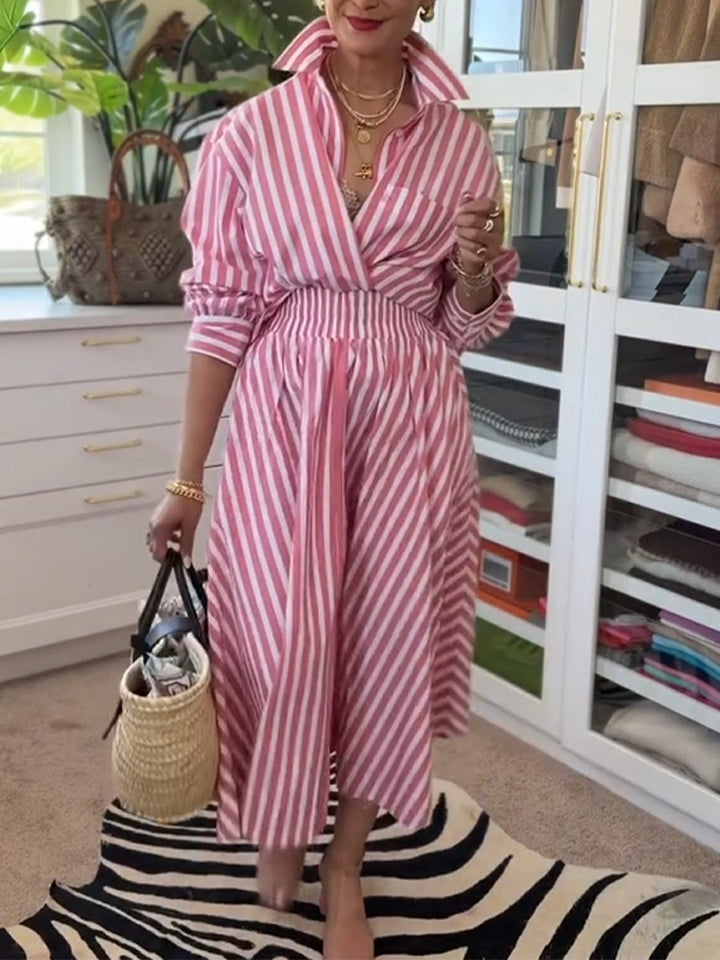 Casual &amp; Comfortable Striped Linen-cotton Shirt And A-line Skirt Two-piece Set