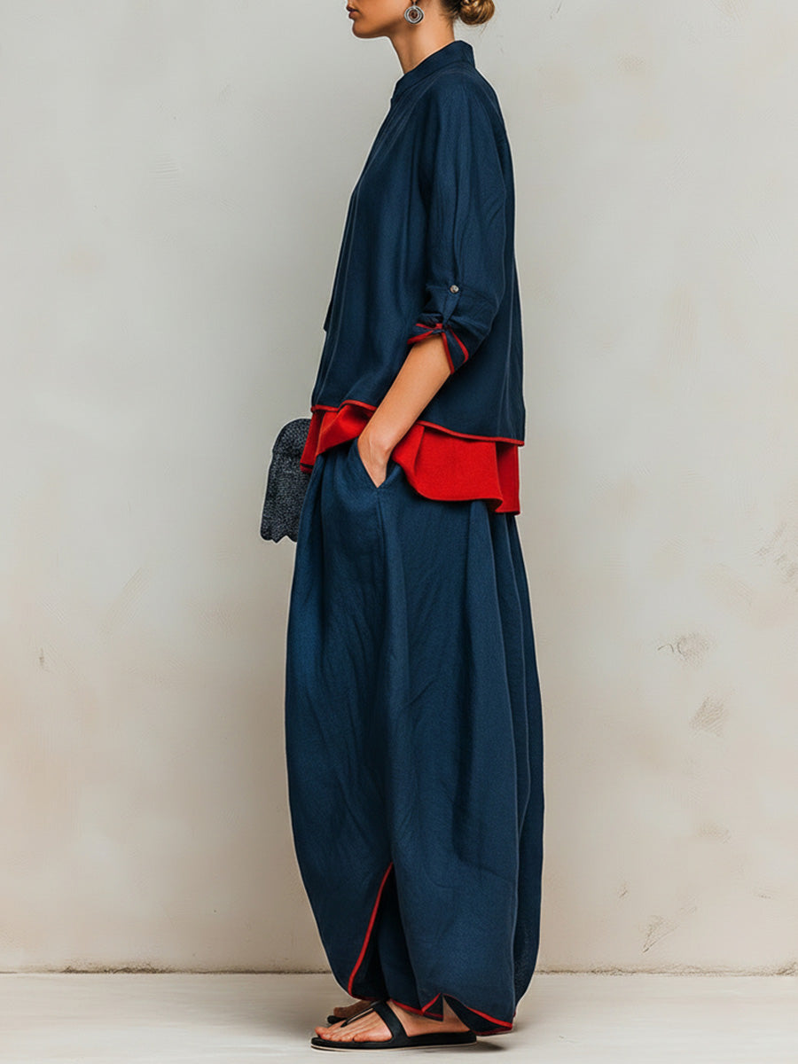 Color-blocked Linen-cotton Top &amp; Lantern Pants Set