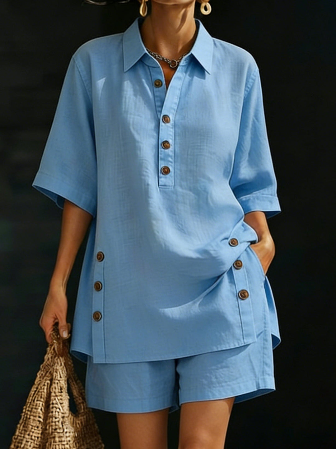 Women’s Linen Shirt &amp; Shorts Two-Piece Set – Casual Cozy Loose-fitting Button-Up Summer Outfit