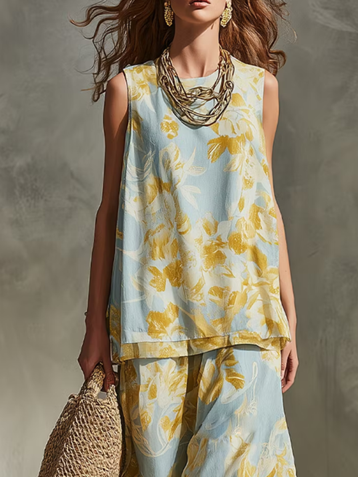 Floral Print Sleeveless Top &amp; Wide-leg Pants Set