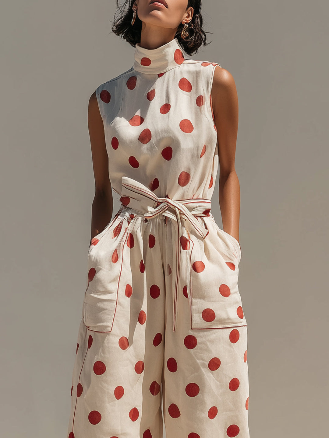 Polka-dot Sleeveless High-neck Cropped Wide-leg Jumpsuit