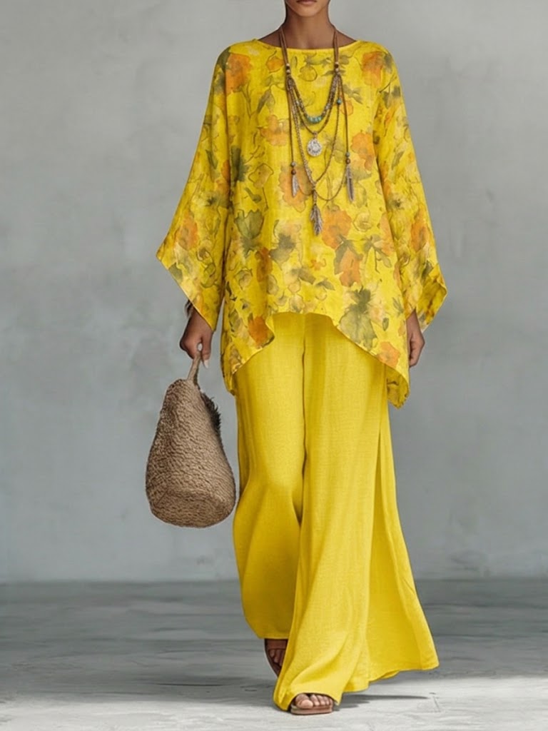 Casual Two-piece Set: Floral-print Linen &amp; Cotton Top And Solid-color Trousers