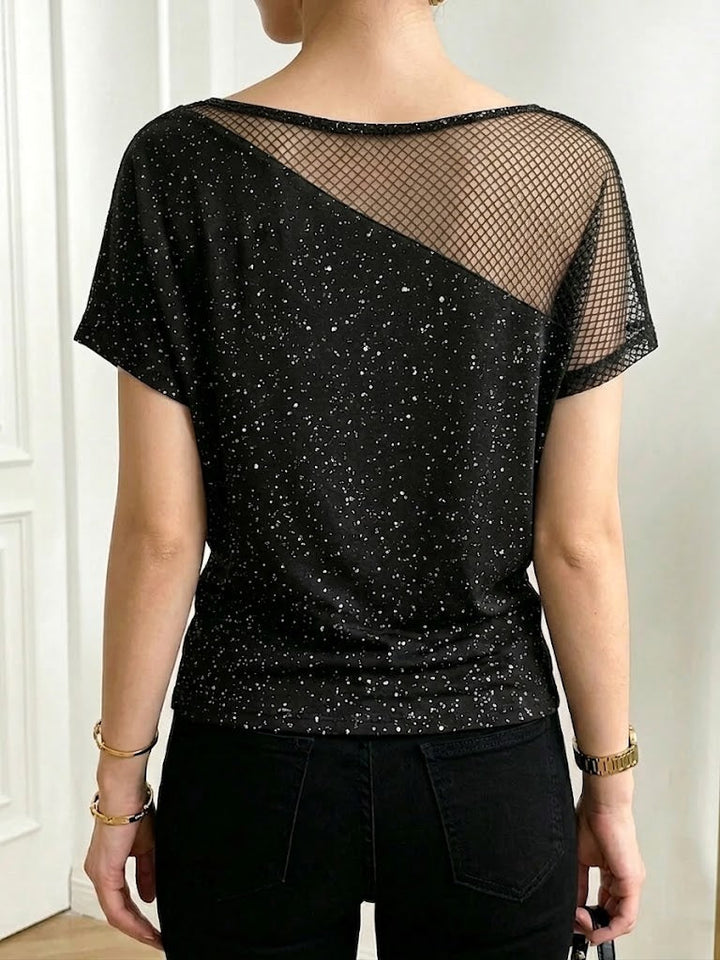 Sparkly Casual Spliced mesh &amp; Knit Stretch Cotton Top