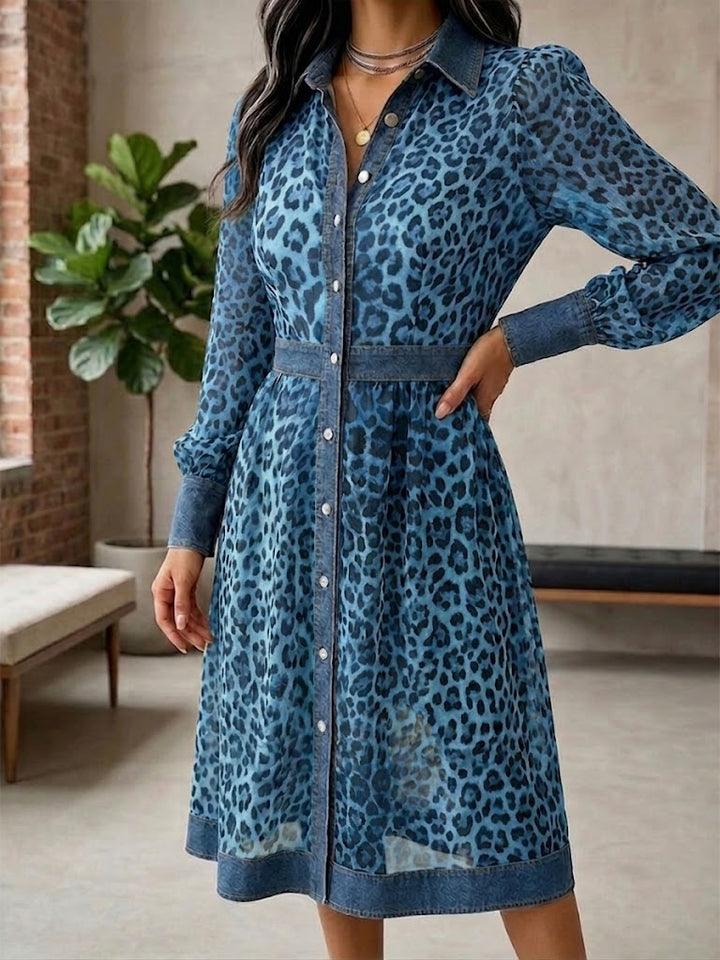 Stylish Casual Leopard-print Chiffon And Denim Patchwork Dress