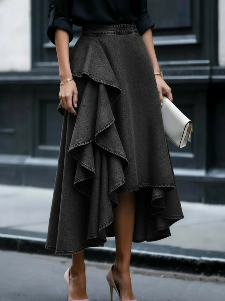 Ruffled Denim Skirt — Elegant Tiered Casual Style