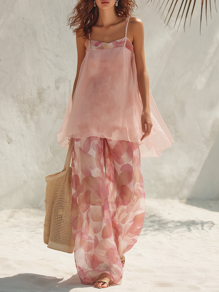 Pink Petal Print Sheer Organza Camisole Top &amp; Wide Leg Pants Set