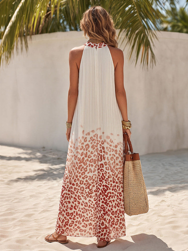 Ombre Red Leopard Print Halter Neck Button-down Maxi Shirt Dress